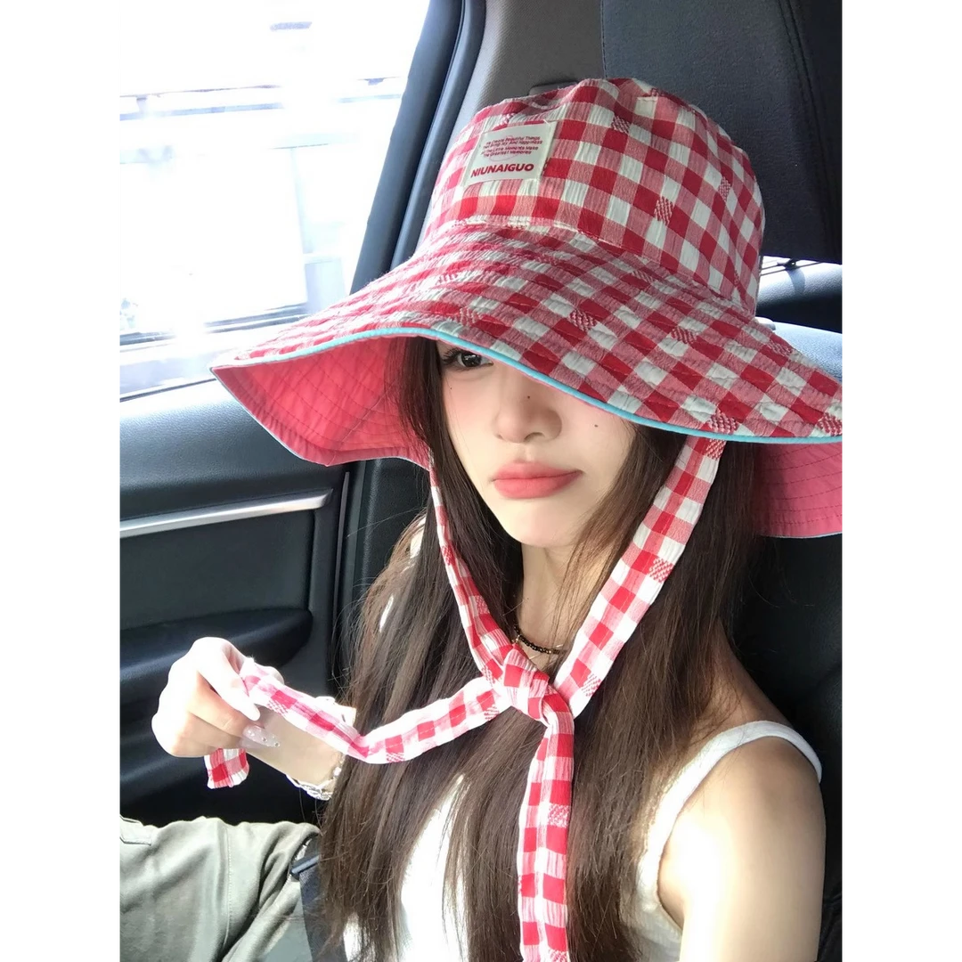 韩版格子纹双面戴夏季户外出游格子渔夫帽女大帽檐可折叠遮阳盆帽