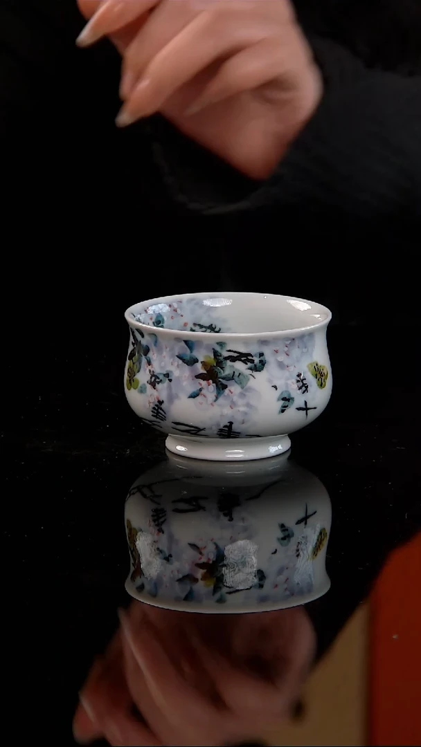 李华手绘釉中五彩紫藤花炉式杯