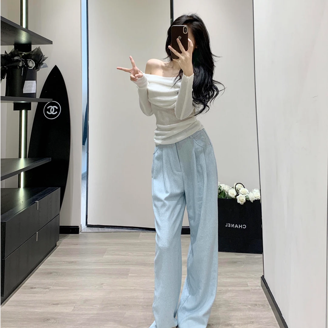 针织衫上衣女秋季长袖修身纯欲薄款露肩一字肩毛衣高腰休闲阔腿裤