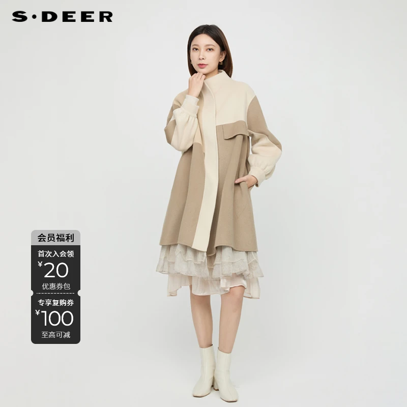 S·DEER圣迪奥冬季女士拼接气质双面呢宽松中长款大衣S244Z2508