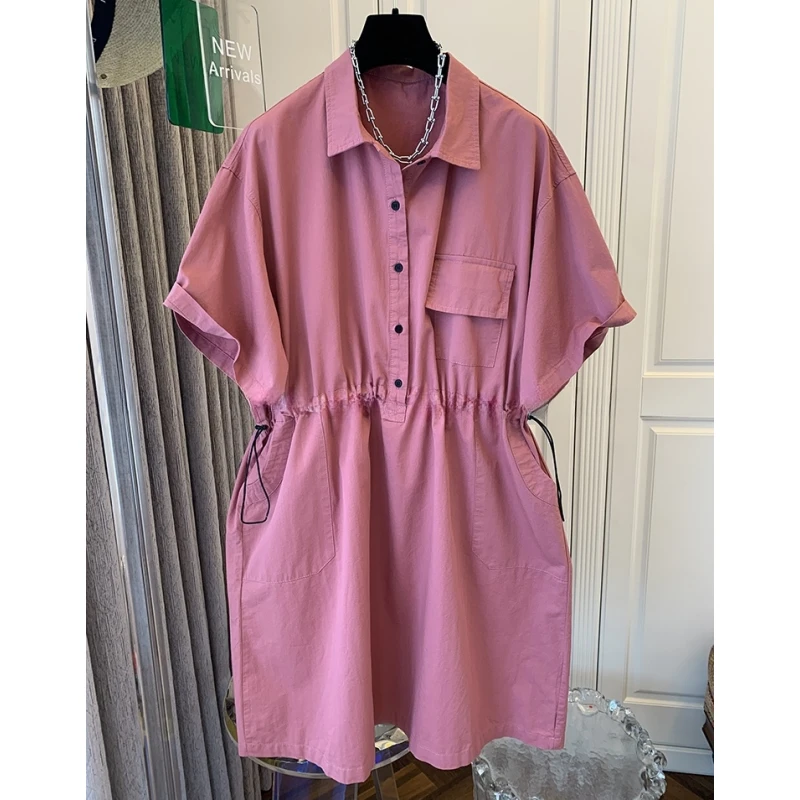 巨好看工装风干枯玫瑰粉色抽绳衬衫连衣裙子宽松大码2025夏季新款