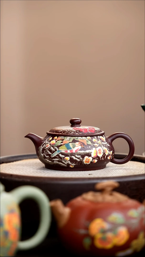 茶壶紫砂紫泥明炉泥绘雪鸟