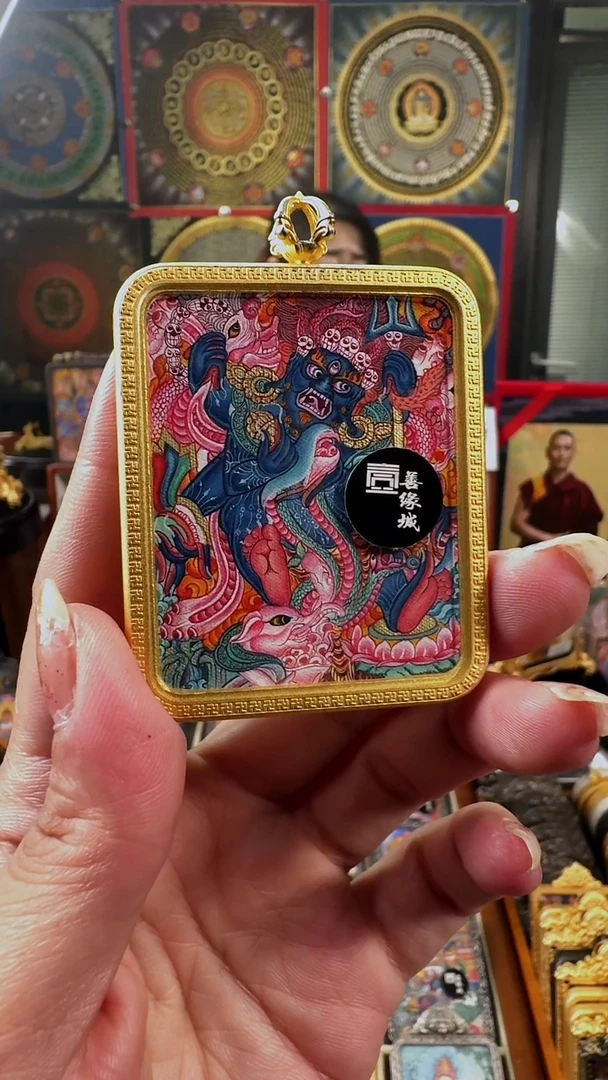 吊坠熙**花壹善缘城手绘唐卡六臂大黑天铜壳单面