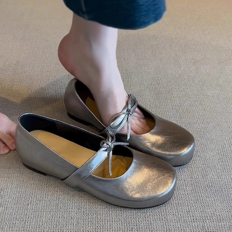 羊皮版~一字带蝴蝶结浅口软皮玛丽珍鞋女百搭一脚蹬内增高小单鞋