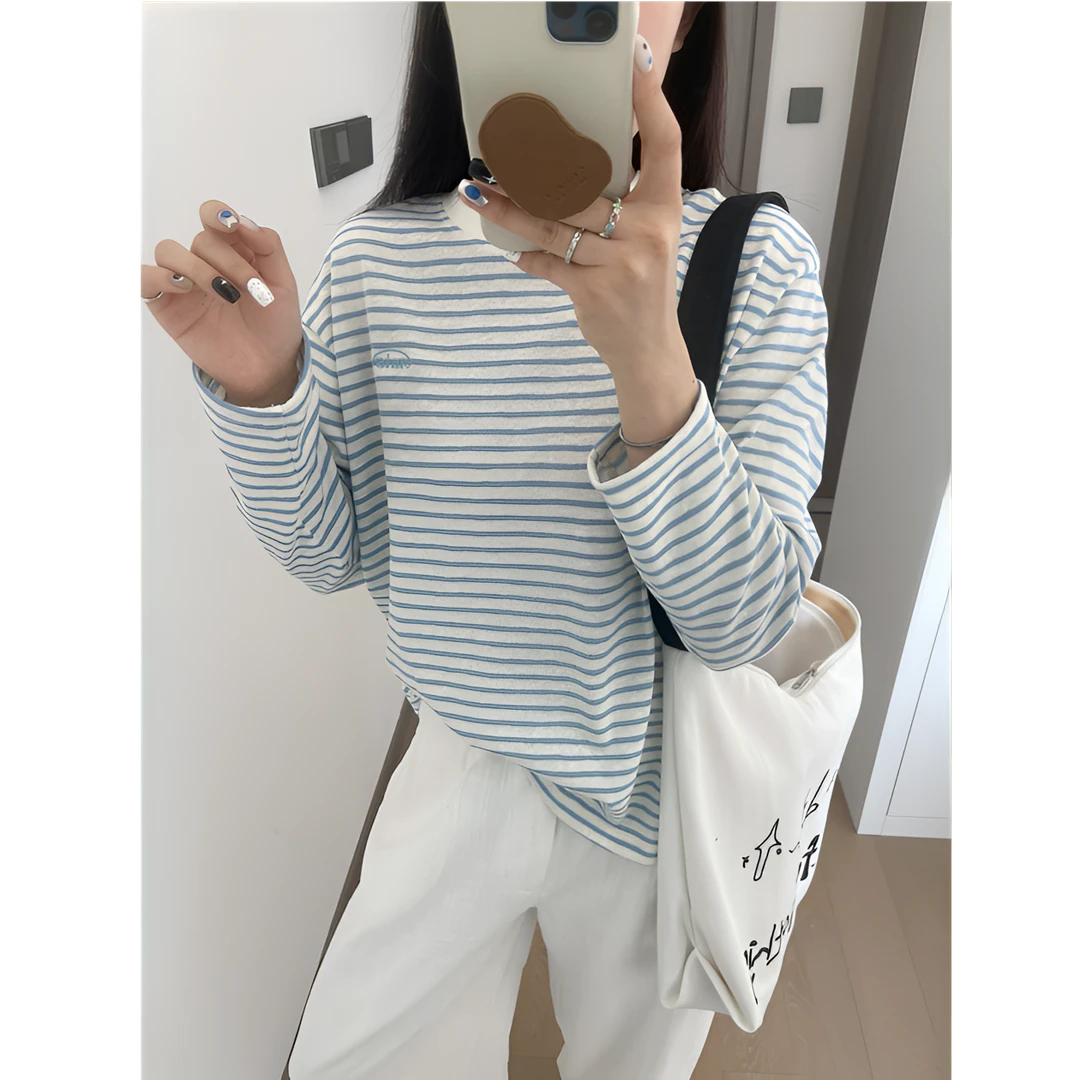韩系撞色条纹刺绣字母圆领T恤女宽松休闲减龄百搭雪花棉防晒罩衫