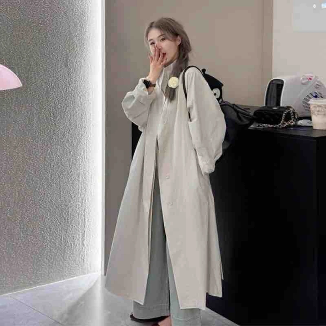 卡卡~翻领图案常规网红直筒型外套秋季防晒衣风衣大衣春秋中长款