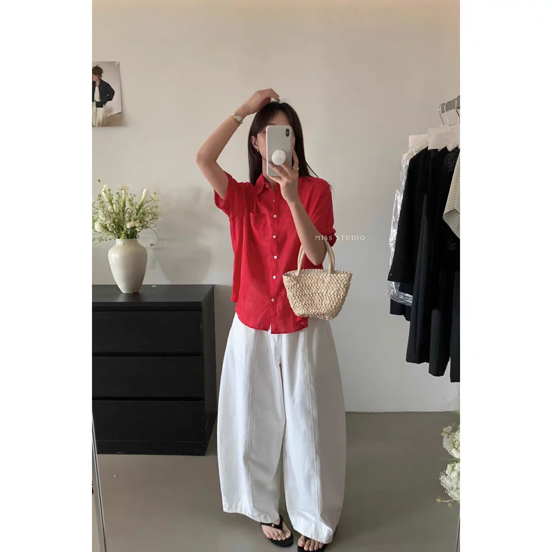 外贸红色百搭款亚麻衬衣女