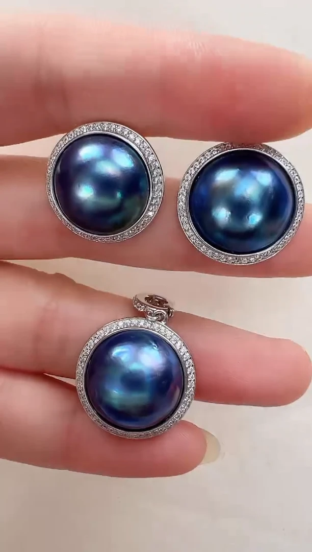 【闪购商品】拼合珍珠（马贝珠）耳饰银S925镶嵌蓝色太阳花套装