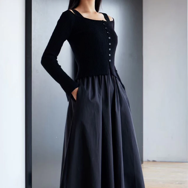 秋季针织法式早秋女士小黑裙拼接打底连衣裙气质长袖SK072411