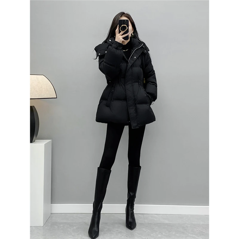 黑色连帽收腰羽绒服女2025冬季新款韩版气质小个子短款白鸭绒外套