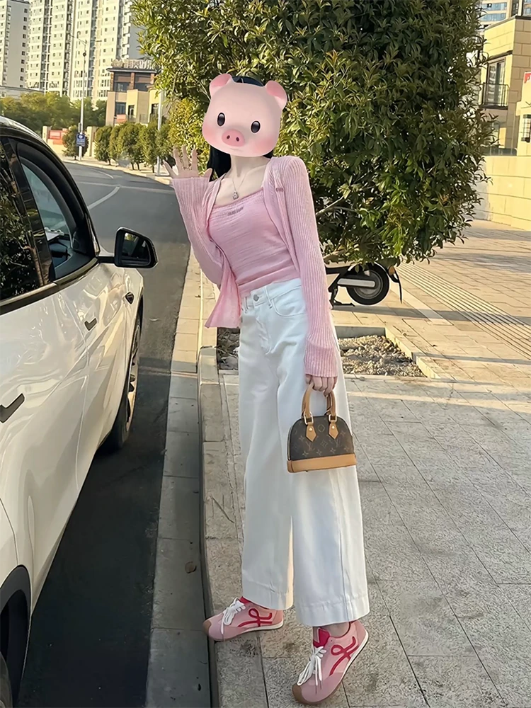 温柔风韩系时尚粉背心吊带针织开衫女通勤百搭休闲牛仔裤三件套春