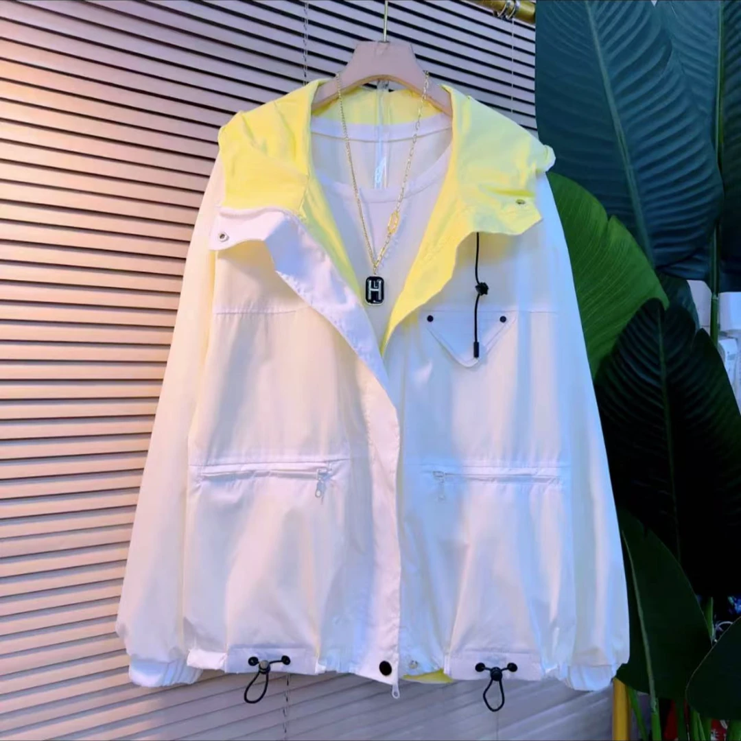 春季新款大码女装欧洲站时尚减龄撞色拼接宽松休闲连帽防晒外套