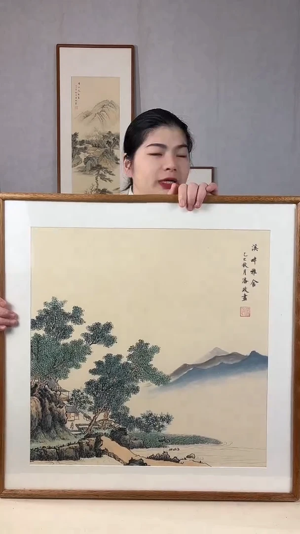 国画手绘*溪畔雅舍*62*62cm实木框
