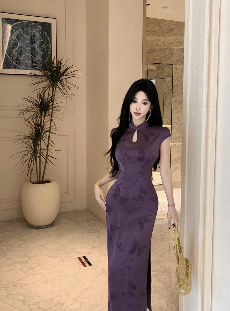 紫色缎面改良旗袍女夏季新中式蝴蝶连衣裙子2025新款今年流行爆款