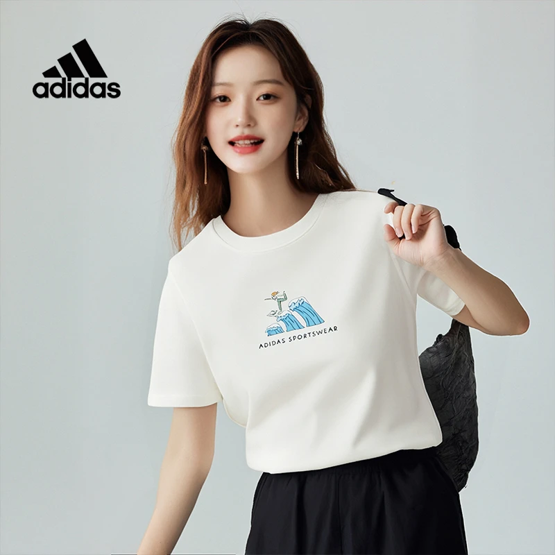 adidas/阿迪达斯短袖女装2025夏季新款印花透气运动休闲弹力T恤