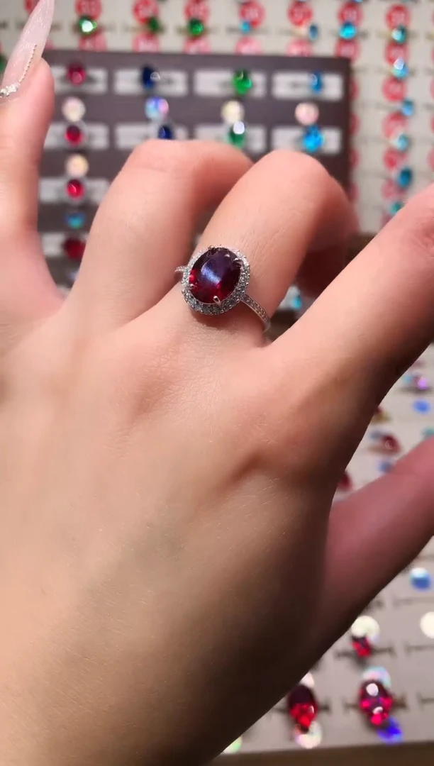 银S925镶嵌戒指红宝石8*10 酒红 银托