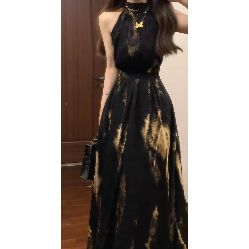 绝美巨好看芙蓉缎光泽垂顺挂脖吊带连衣裙独特漂亮高级感长裙9646