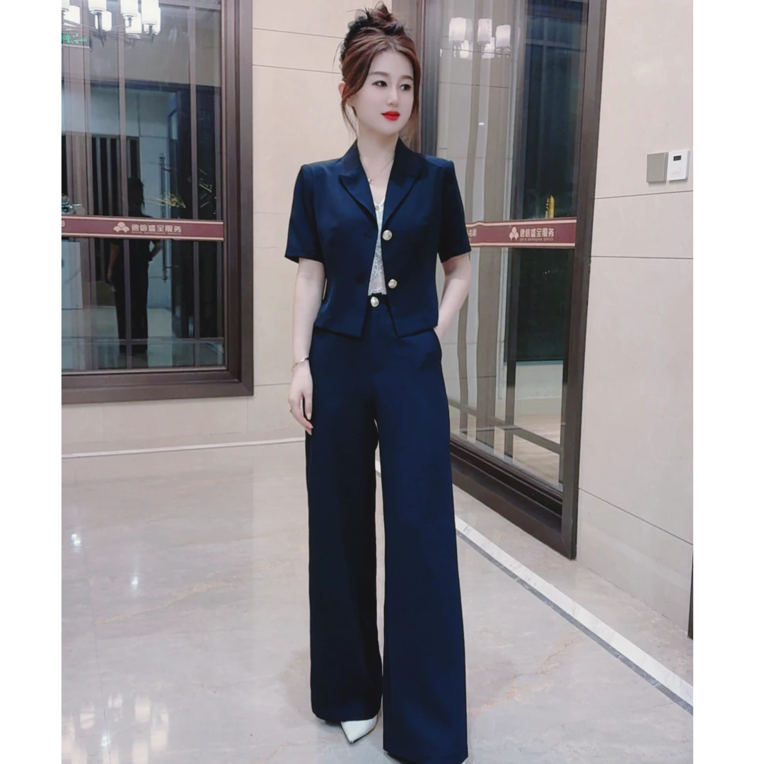 2025新款女薄款夏季气质高腰显瘦短袖西装套装职业休闲直筒裤短款