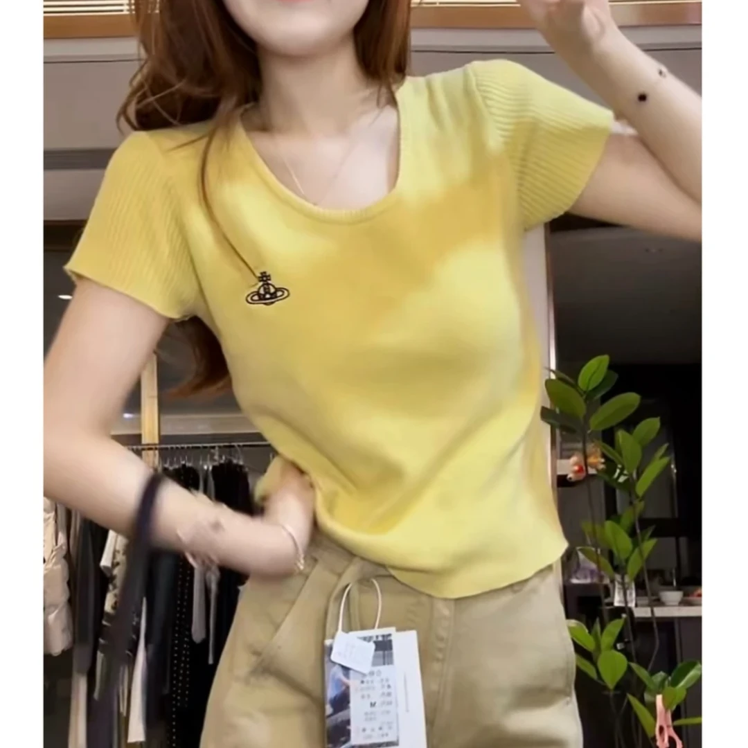 黄色刺绣麻花圆领正肩短袖T恤女夏季小个子修身显瘦针织上衣H7-34