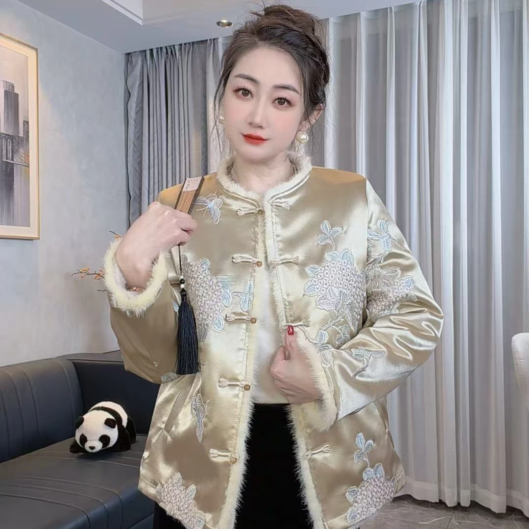 双面穿新中式冬季立领上衣水貂毛新中式唐装提花外套S053