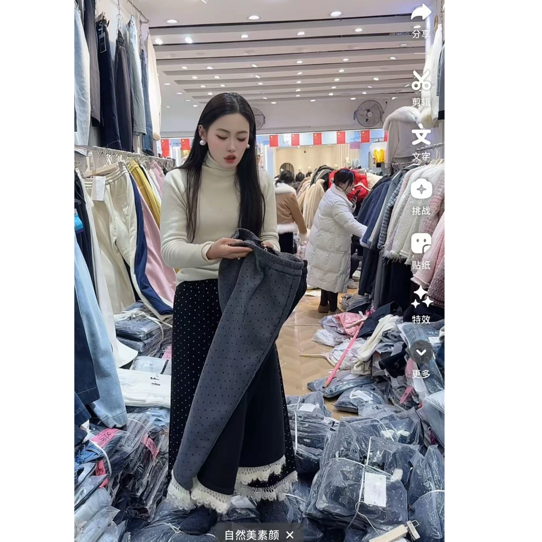杨茹家9920蕾丝边加绒羊绒裤