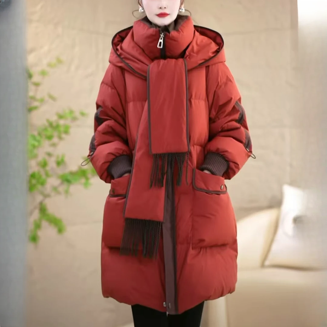2025年气质舒适冬季设计感短款围巾连帽优雅百搭羽绒服中长款