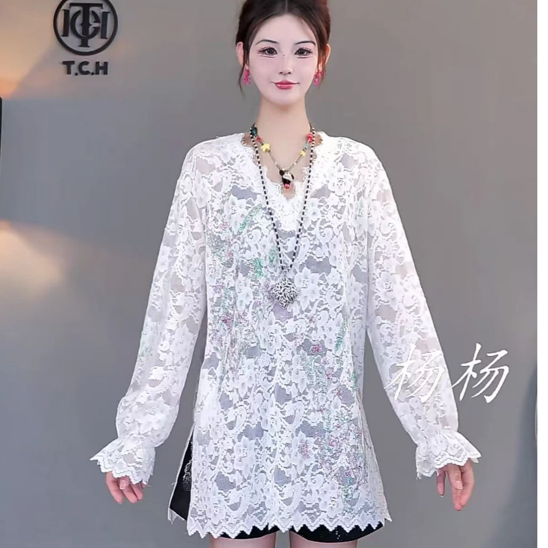 TCH轻奢潮牌蝴蝶结烫钻秋冬新款白色蕾丝打底衫T75A02M9066