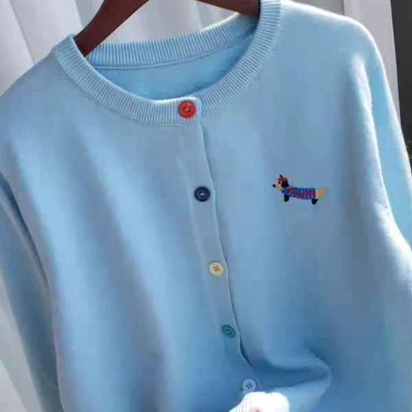 刺绣腊肠狗针织开衫春秋2025新款减龄洋气圆领上衣薄款外套5370