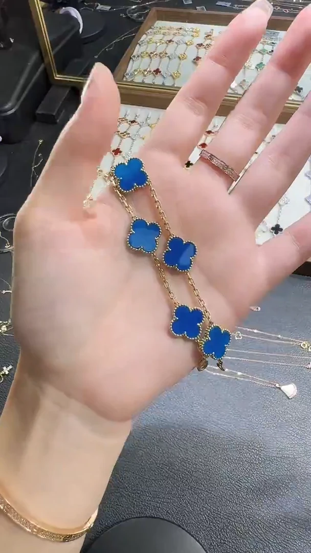 18K金镶嵌手链玛瑙/玉髓蓝色k黄五花手链GHJ