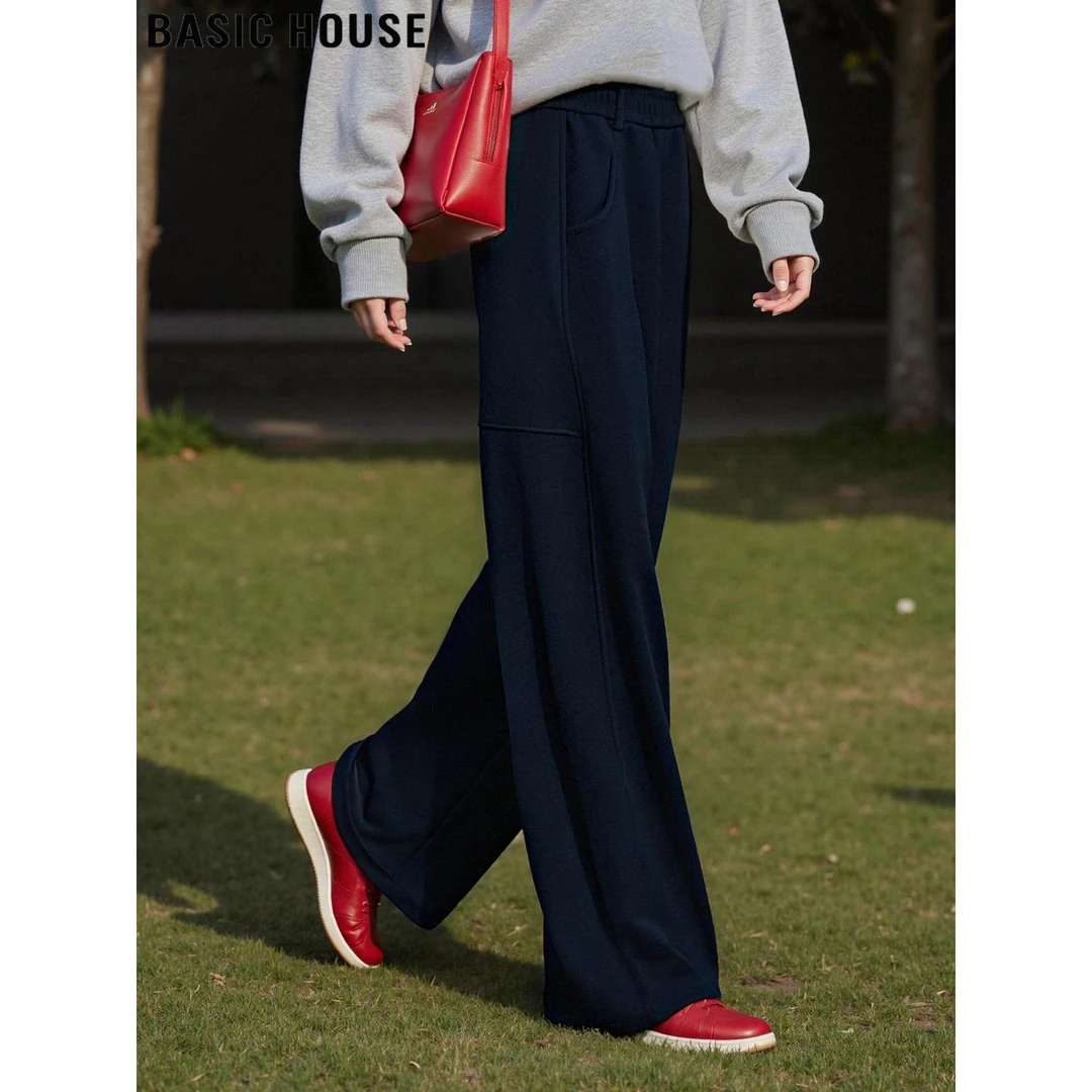 Basic House/百家好藏青色休闲运动卫裤女2025秋冬高腰弯刀阔腿裤