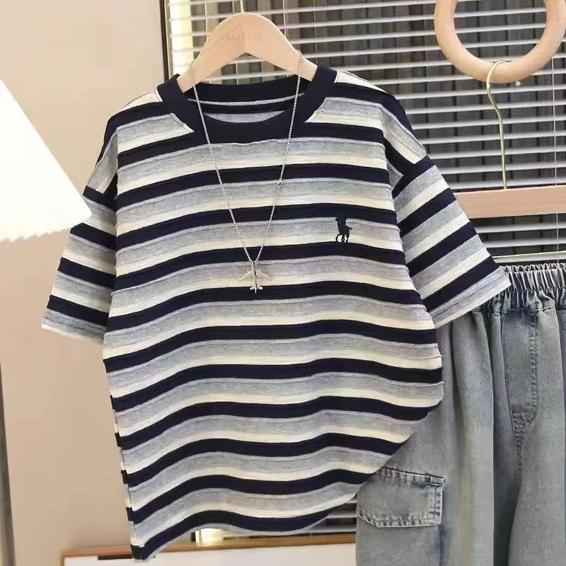 “清仓款”男童夏款T恤2025新款儿童女童薄款条纹棉刺绣宽松短袖