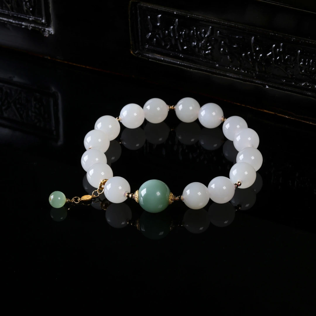 【意婵】《甜音》(9.5mm+)天然高品和田玉老藕粉单圈手链18k金-913285