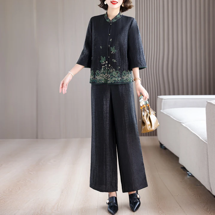妈妈夏装中国风绣花时尚套装2025新款中年阔太太休闲阔腿裤两件套