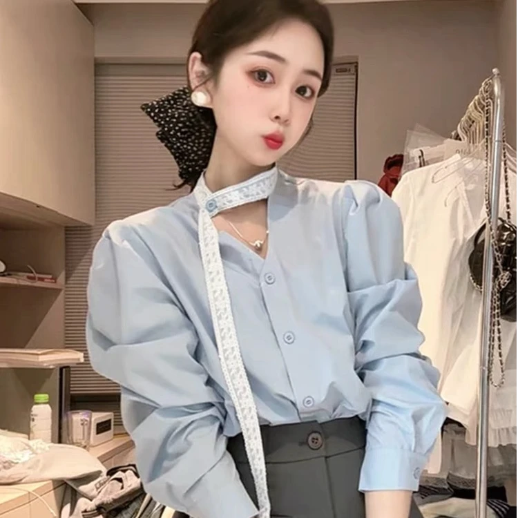 法式蕾丝v领长袖衬衫女2025年新款爆款春秋季衬衣高级感轻奢上衣