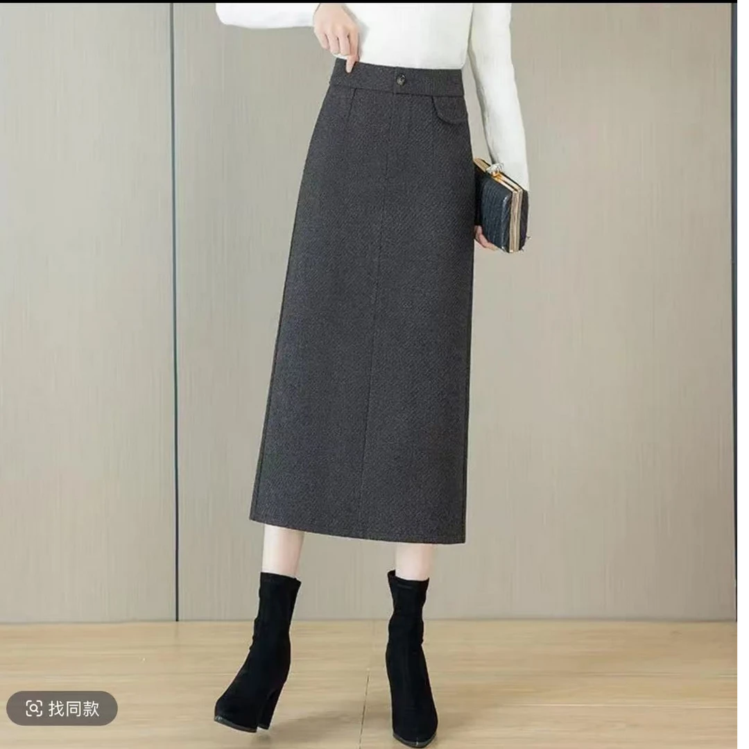 9552#【裙长80】毛呢半身裙女2025新款高腰a字开叉包臀裙