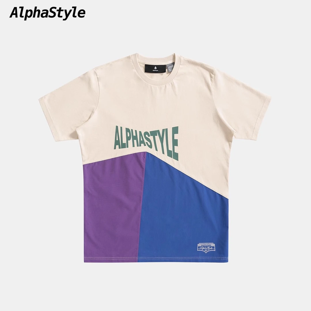 alphastyle潮牌时尚男女款撞色不对称设计短袖夏季复古休闲T恤