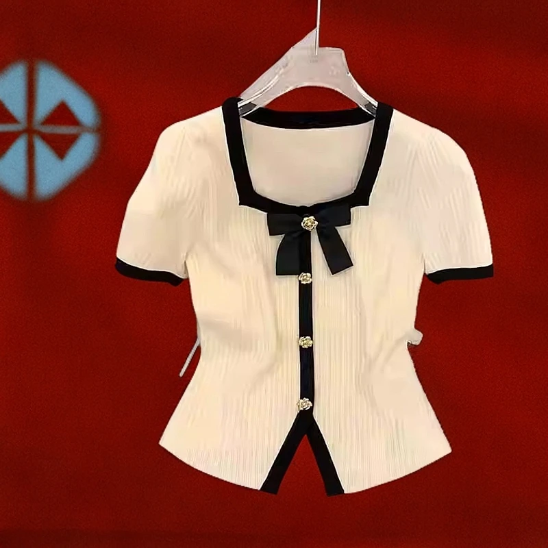 2025春季大码胖mm小香风短袖薄款式气质针织衫上衣蝴蝶结显瘦T恤