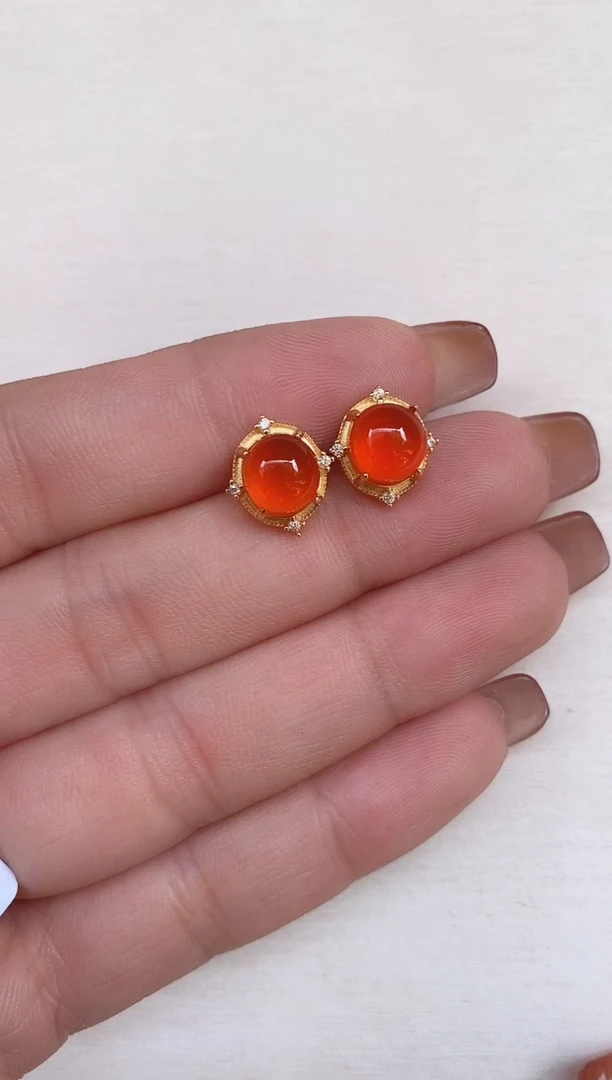 银S925镶嵌南红玛瑙耳饰保山河湾冰红南红耳饰