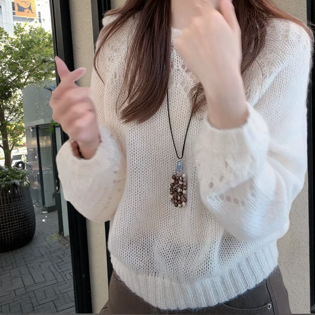 氛围感软糯马海毛毛衣2025秋季新款洋气慵懒镂空长袖针织衫