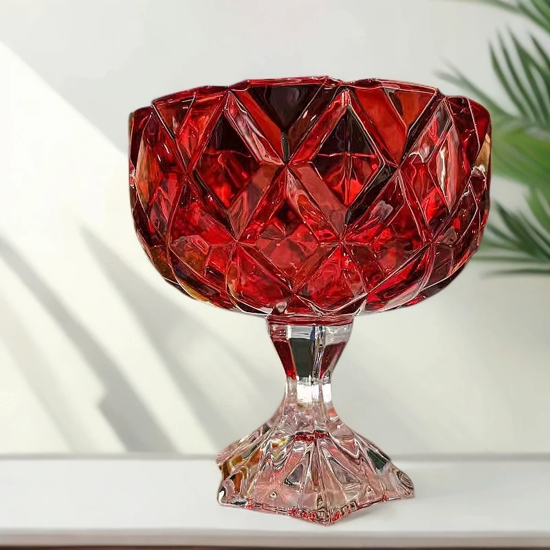 D轻奢欧式高级红水晶高脚杯果盘糖果盘家居时尚摆件花器红色