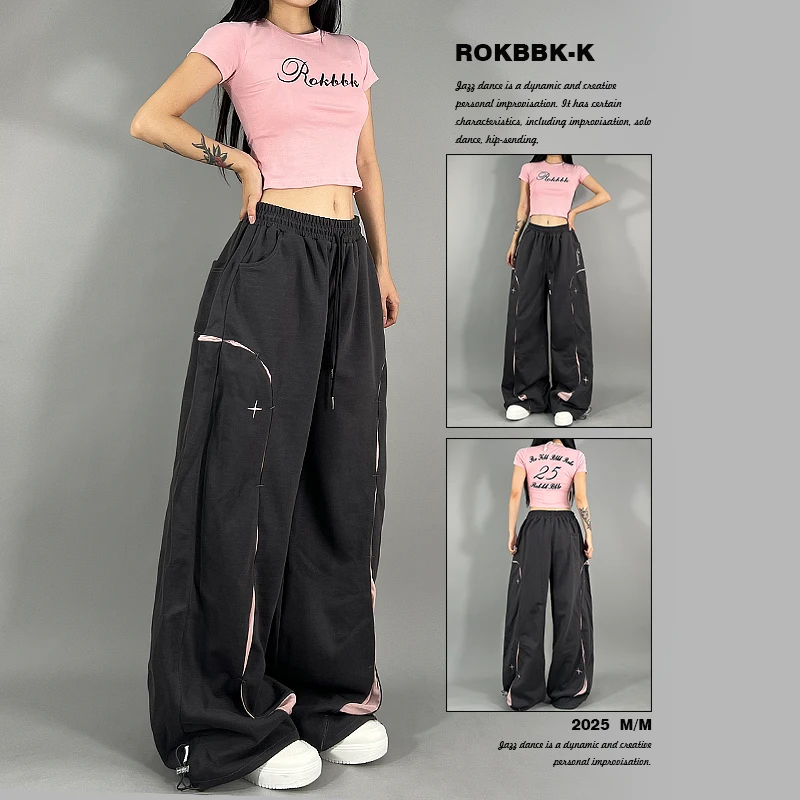 ROKBBK-K布韩街舞潮牌不规则银纱拼接嘻哈复古显瘦运动休闲裤女
