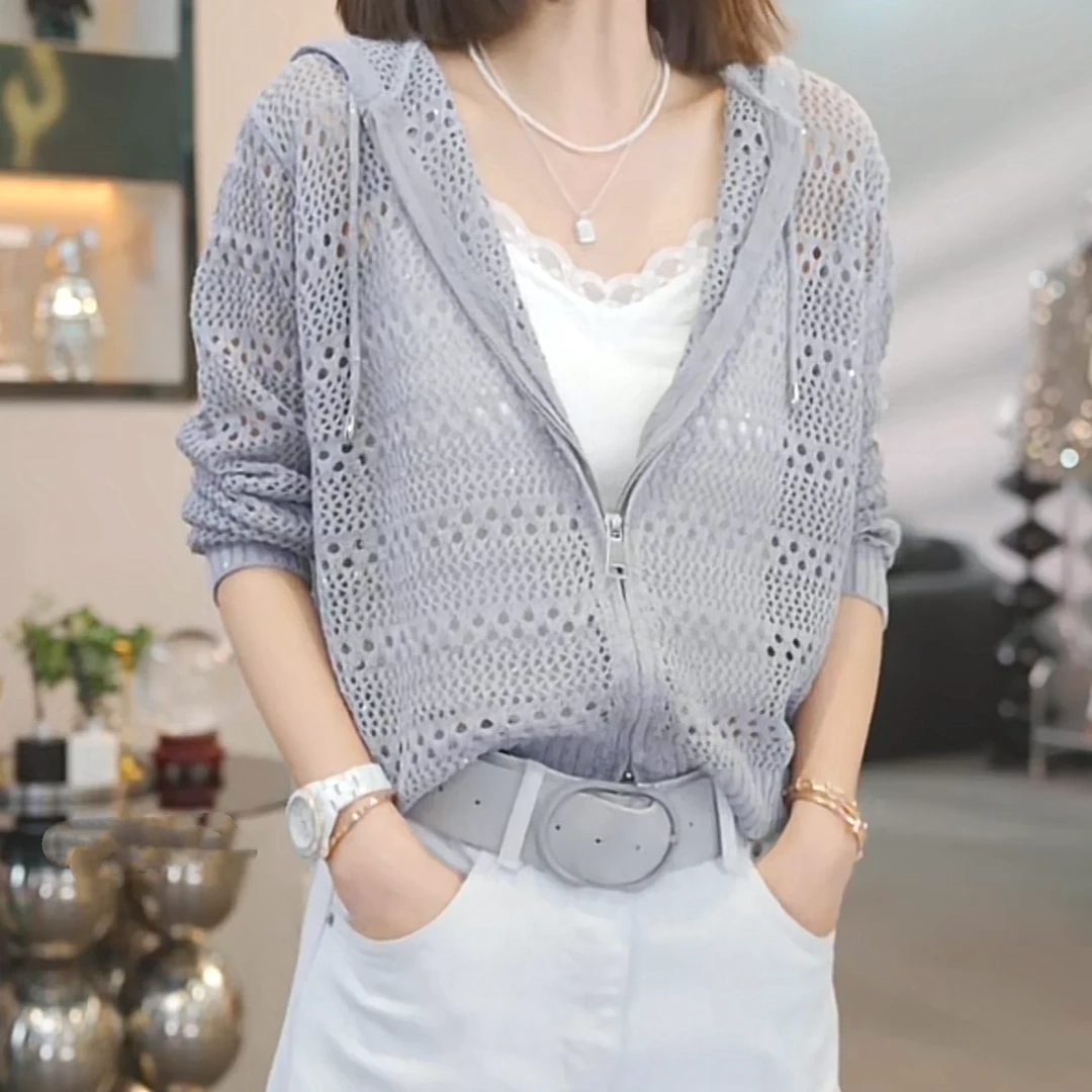设计感拉链镂空长袖连帽针织开衫女2025春款时尚休闲气质连帽毛衣