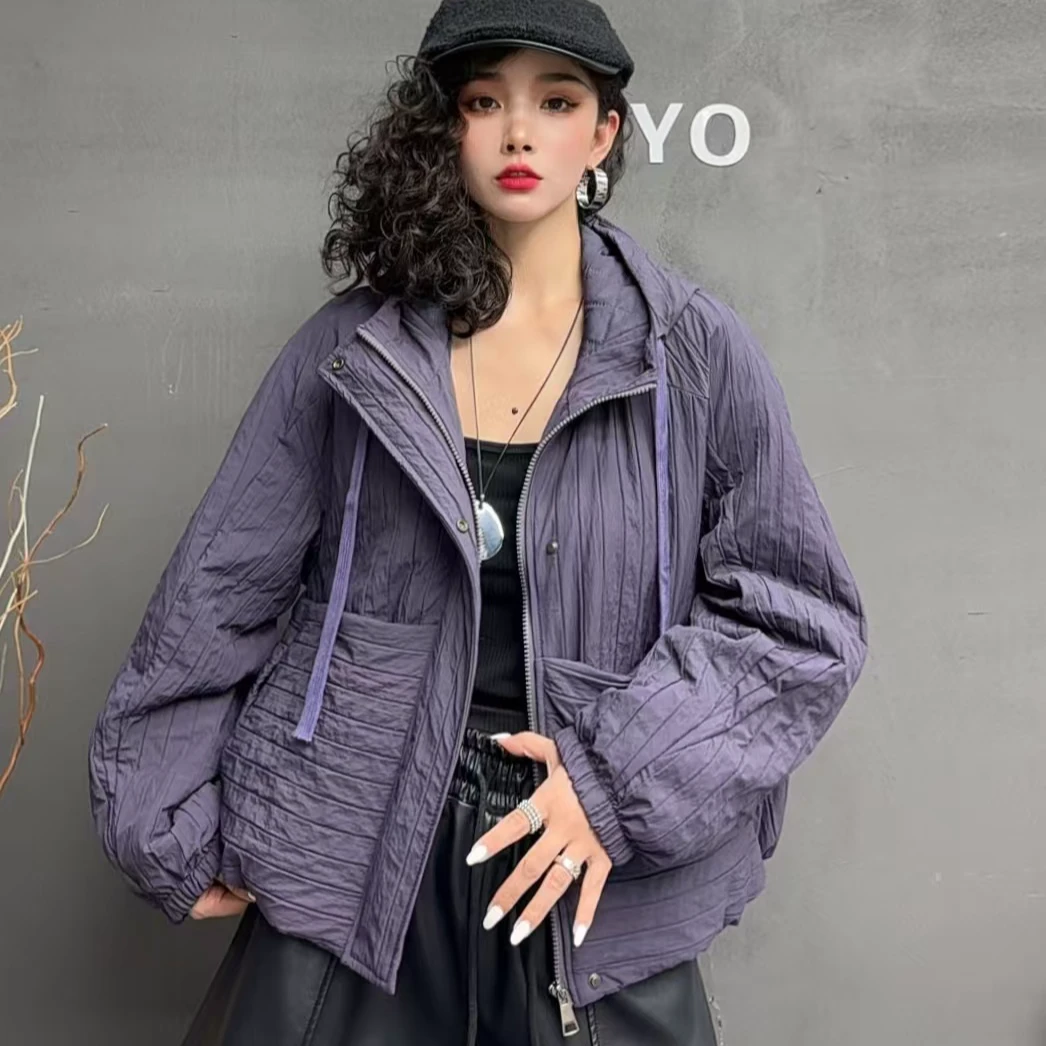 16567新款秋冬时尚休闲减龄宽松轻薄女款连帽棉服
