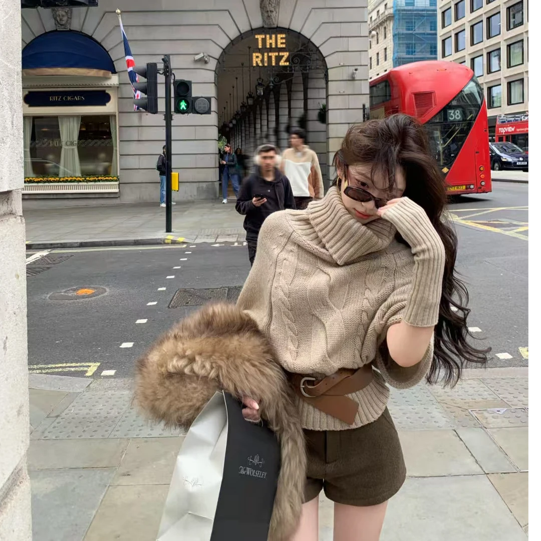 2025新款时尚高领毛衣女秋冬韩版高级感气质宽松显瘦袖套针织上衣