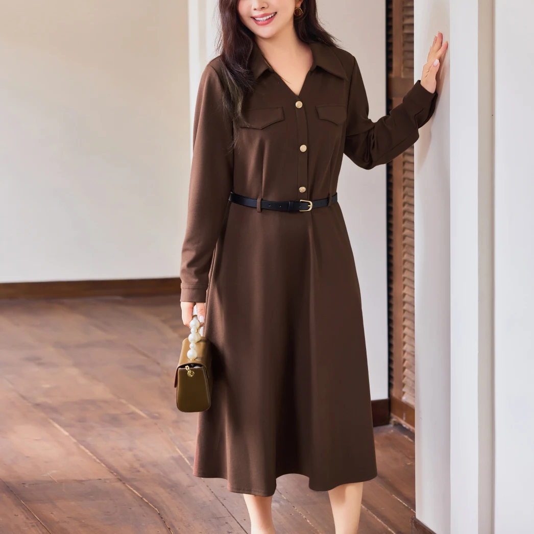 MsShe大码女装秋冬通勤气质垂感配腰带针织连衣裙J~S2509019