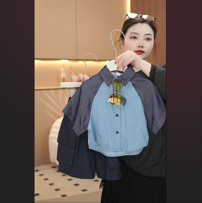 【奈欧专属】2025夏季卡通拼色翻领薄款潮流儿童衬衫