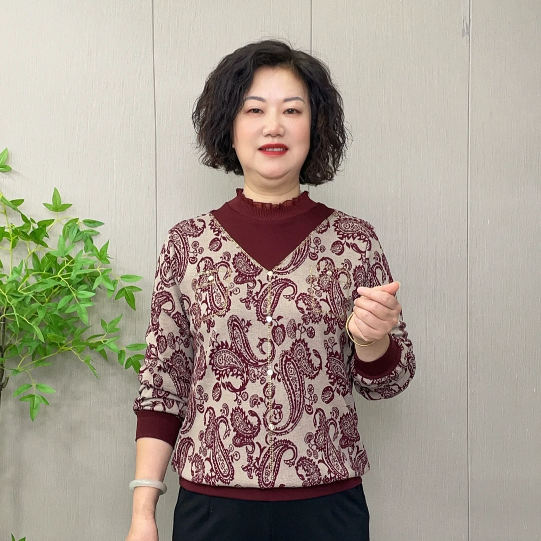 2025秋季新款时尚洋气半高领减龄百搭宽松长袖中老年假二件打底衫