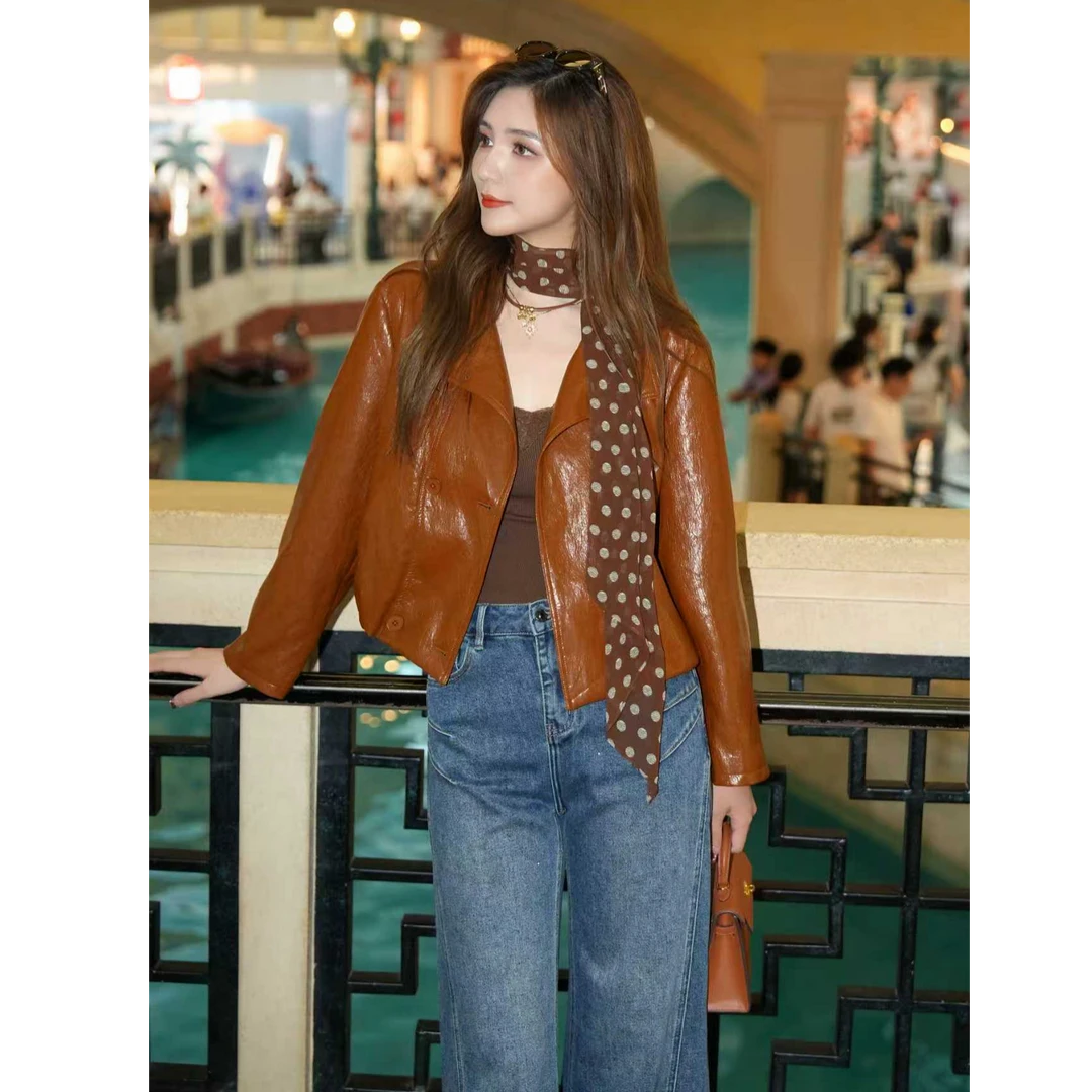 COCO BECCI【焦糖摩卡】经典翻领复古光泽精致皮衣外套CFLJC109002