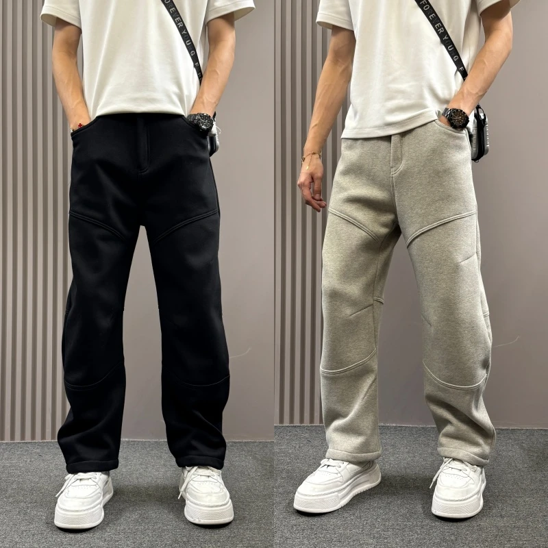 男士冬季潮牌加绒加厚肌理感休闲长裤宽松直筒垂坠感阔腿工装长裤