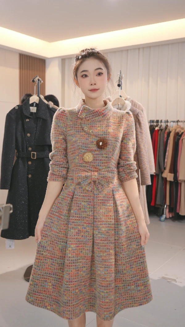 M0009 新中式修身显瘦加厚立领连衣裙25年新款减龄长袖裙子冬季女